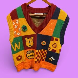 Cute Zara Disney Winnie the Pooh sweater vest collab oversized color block M